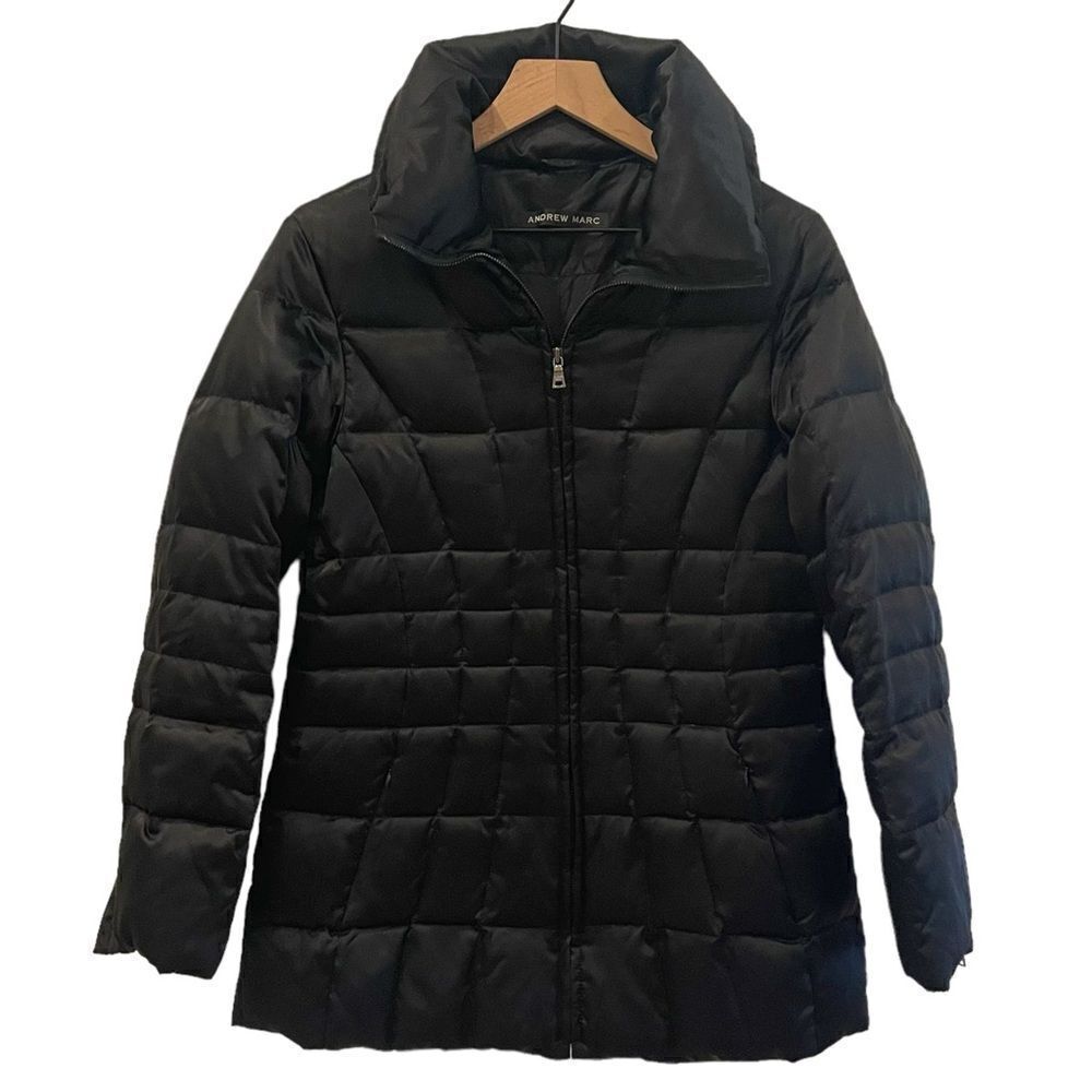 Andrew Marc Black Square Quilted Goose Down Puffer Jacket Funnel Neck Small